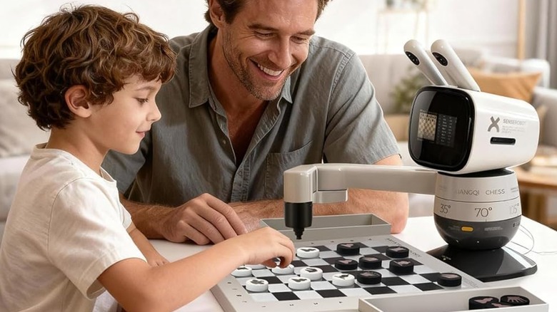 A parent and son using a chess robot