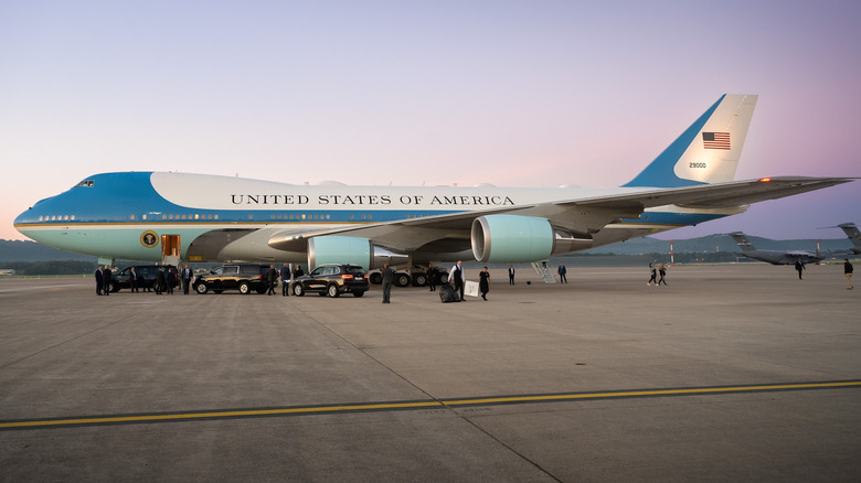 Air Force One lands for refueling at Ramstein Air Base, Germany