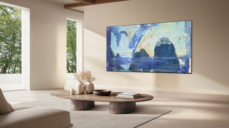 A large Samsung Smart TV showing the Art Basel Miami Beach collection.