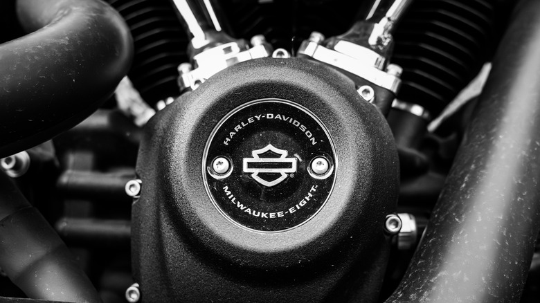 Black-and-white Harley-Davidson Milwaukee-Eight logo on engine housing