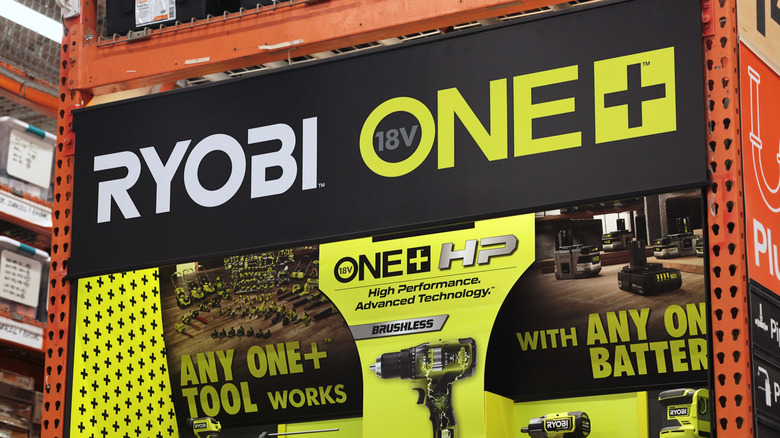 Ryobi 18V One+ power tool display at a Home Depot