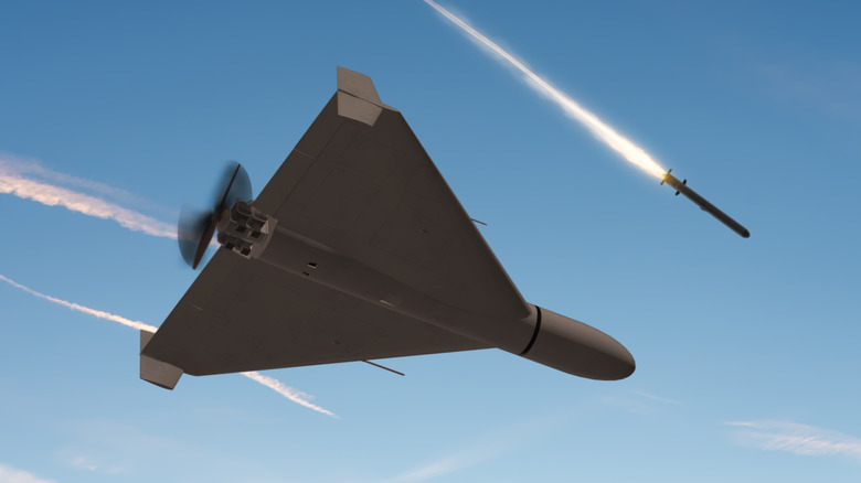 A combined drone and missile attack rendered in 3D