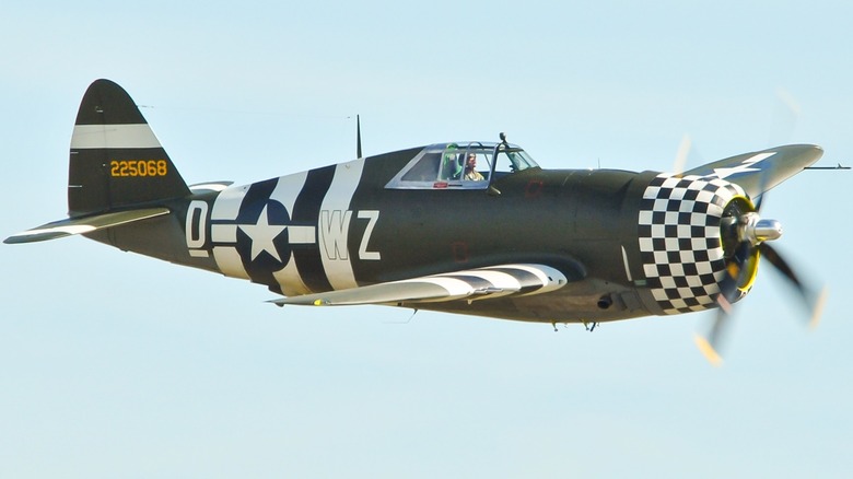 A P-47 Thunderbolt Warbird flying over blue skies