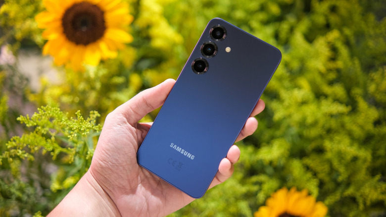 Hand holding dark blue Samsung Galaxy S25 Plus with flowers and greenery in the background