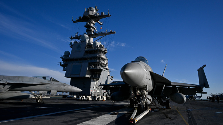Close up of fighter jet parked on the deck of the USS Gerald R. Ford aircraft carrier