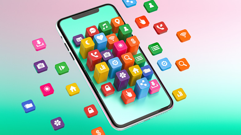 Rendering of a smartphone with multiple mobile app icons emerging from its screen