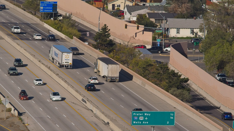 Aerial view of highway traffic noise barriers in Sparks, Nevada