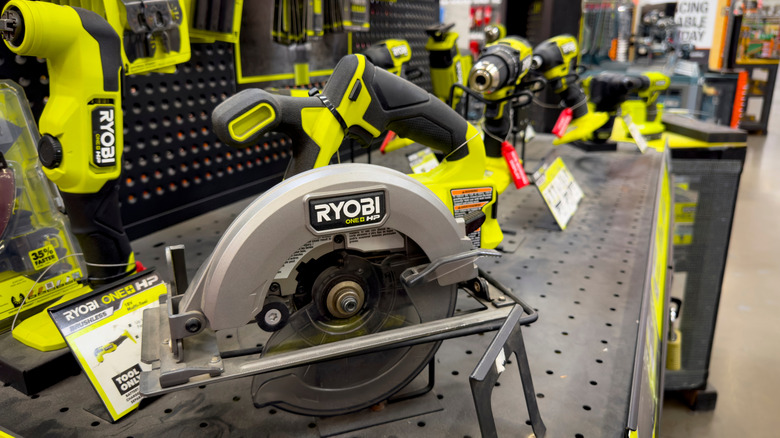 In-store display showing various Ryobi Tools