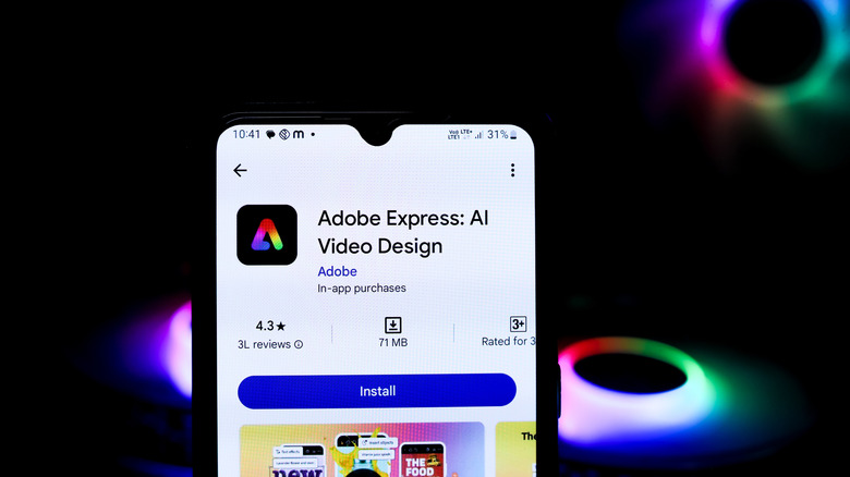 Phone showing Adobe Express app in play store