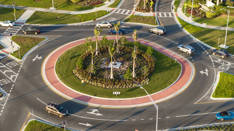 Overhead view of American roundabout with palm tress