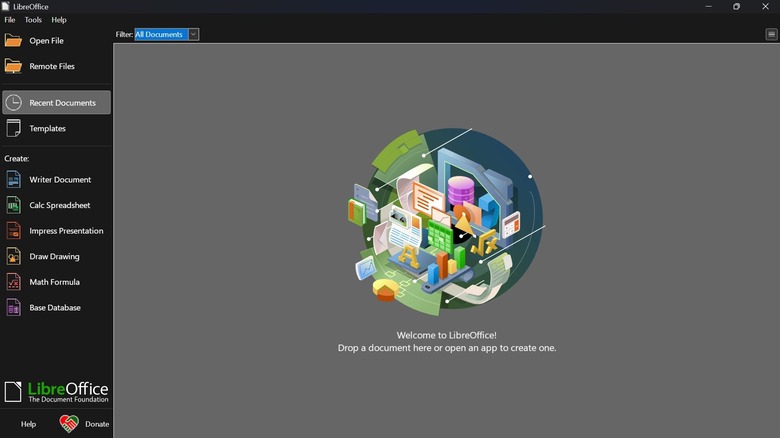Screenshot of LibreOffice app launched on a Windows PC showing it in-built tools