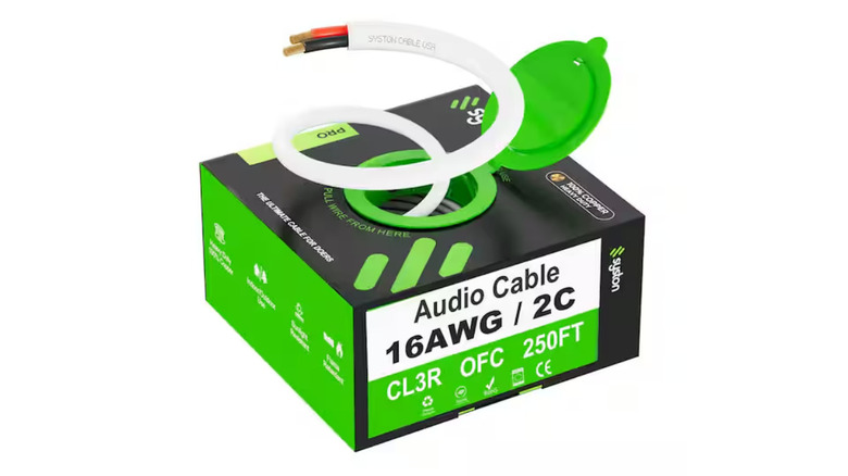 A boxed audio cable by Syston, showing the insulation, jacket, and copper wire.