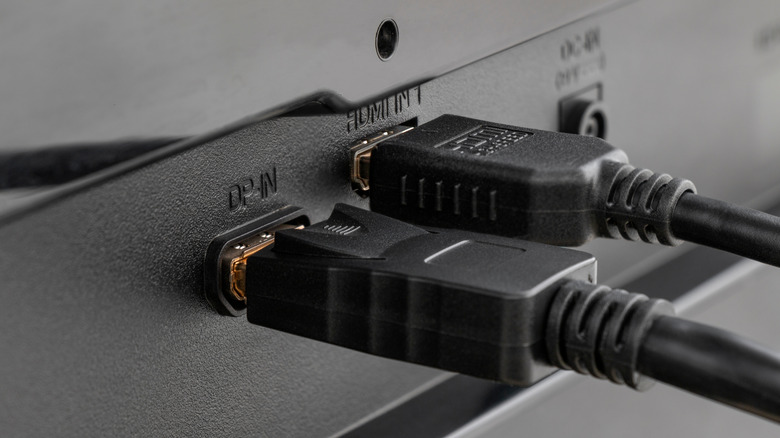 Closeup of HDMI and Display port on the back of a TV