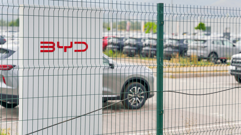 A closed-up parking lot filled with BYD cars with a red BYD logo on a white background stand.