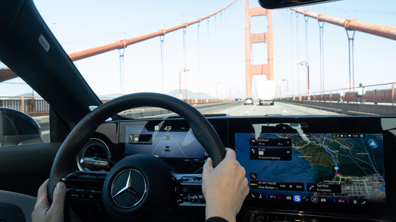Mercedes-Benz CLA driving across the Golden Gate Bridge