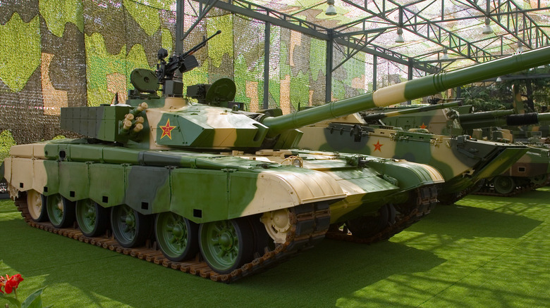 A Chinese Type 99 Main Battle Tank on display at the Beijing Military Museum as part of the "Our troops towards the sky" exhibition.