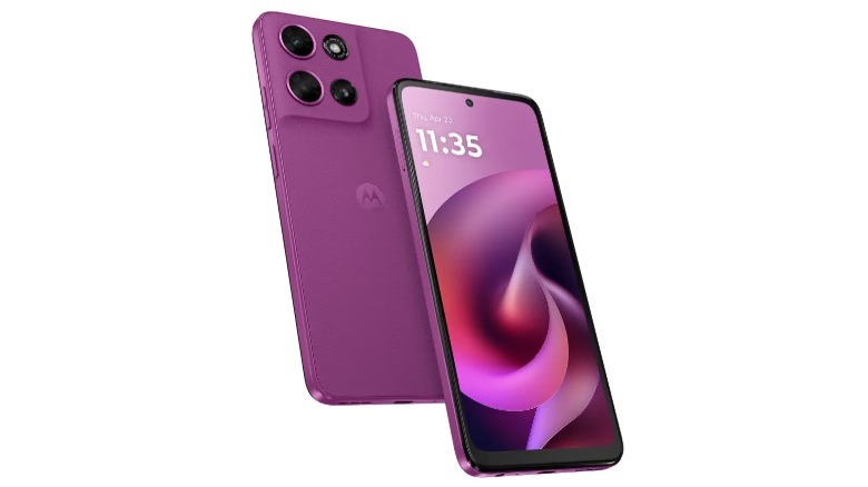 Two pink Motorola Moto G smartphones on a white background, showing front and rear of the device