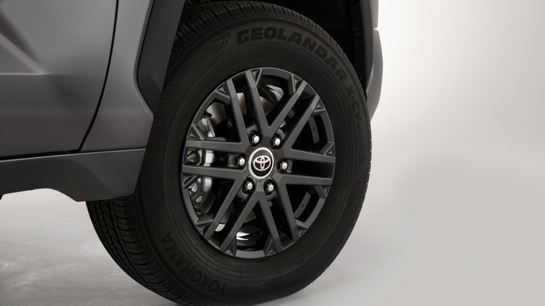 Close-up of a Toyota Tundra front wheel in a studio