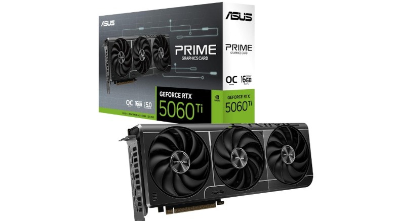 A render of the ASUS Prime GeForce RTX 5060 Ti graphics card with its box