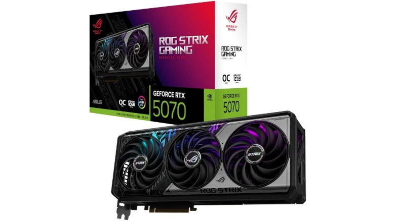 A render of the ASUS ROG Strix RTX 5070 graphics card with its box