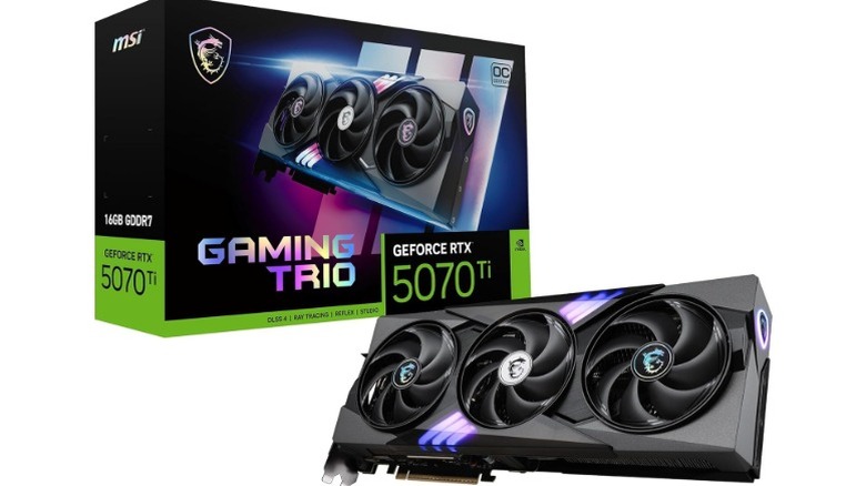 A render of the MSI GeForce RTX 5070 Ti Gaming Trio graphics card with its box