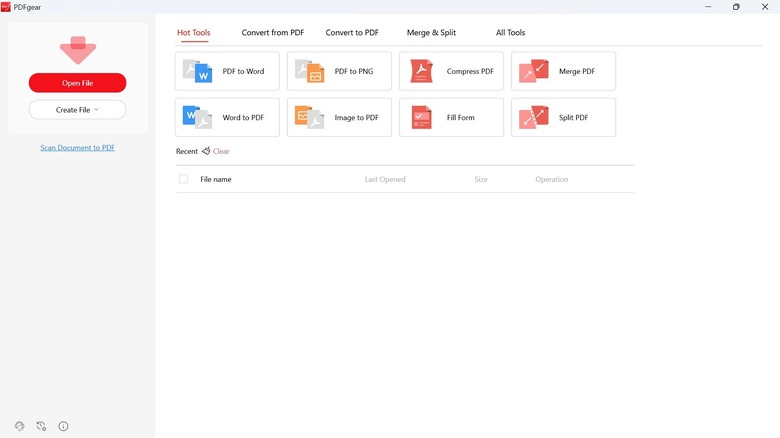 Screenshot of the PDFgear app launched on a Windows PC showing all the features it supports