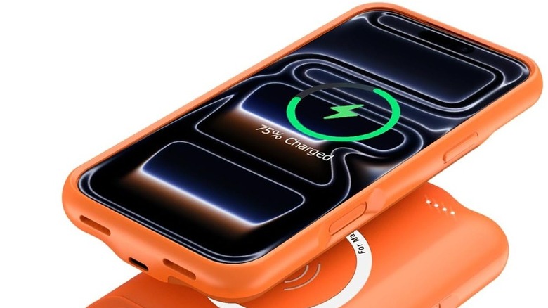 iPhone with case with portable battery built in.