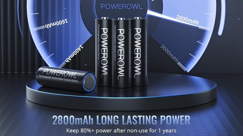 Powerowl batteries with text saying they keep 80% charge after 1 year of non-use.
