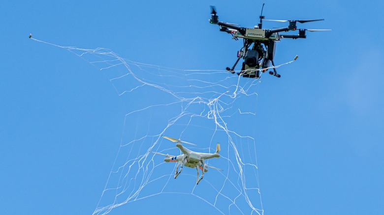 A Dronecatcher drone taking down a smaller drone with a net