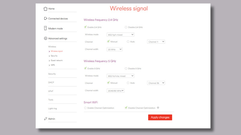 Screenshot of Router settings web page