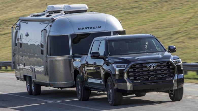 Black 2026 Toyota Tundra towing an Airstream trailer
