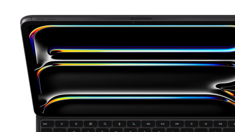 An iPad connected to a keyboard.