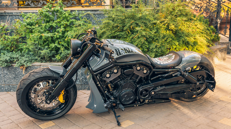 A gray Harley-Davidson V-Rod motorbike parked next to a hedge on its kickstand.