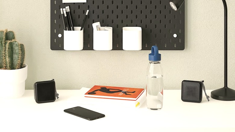 Pair of Vappeby Bluetooth speakers sitting on a desk top