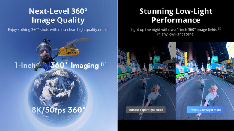 Promotional material of the DJI Osmo 360 with details about the 360-degree video capture and low light videos