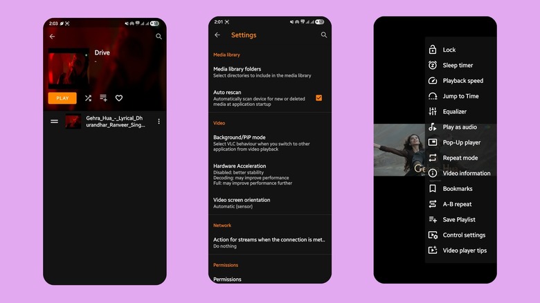 VLC media player settings page, playlist page and video options with video playing in the background
