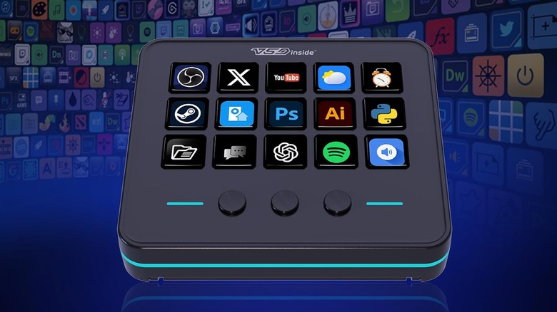 A stream deck in front of a bunch of apps, with apps on the keys.
