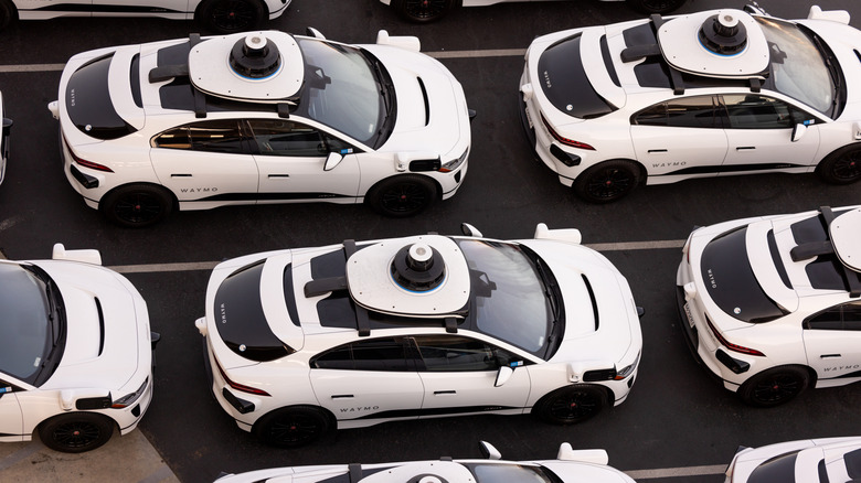Aerial view of Alphabet's Waymo self-driving car fleet storage facility