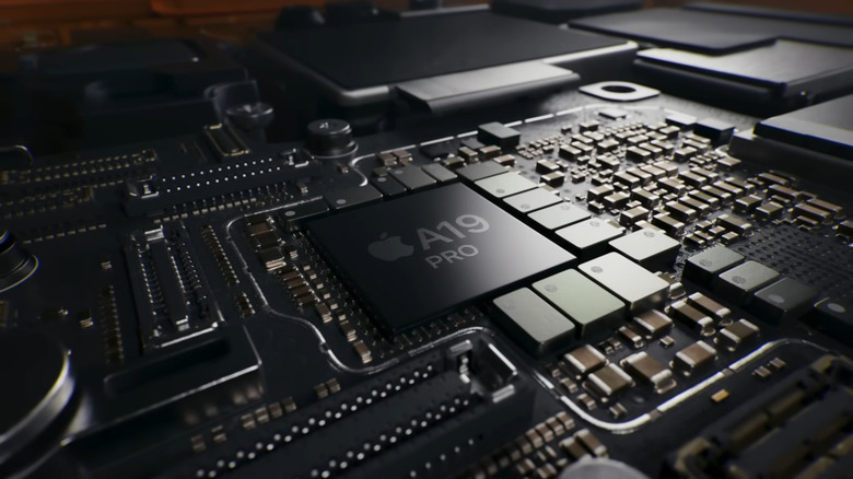A 3D rendered image of Apple's A19 Pro SoC